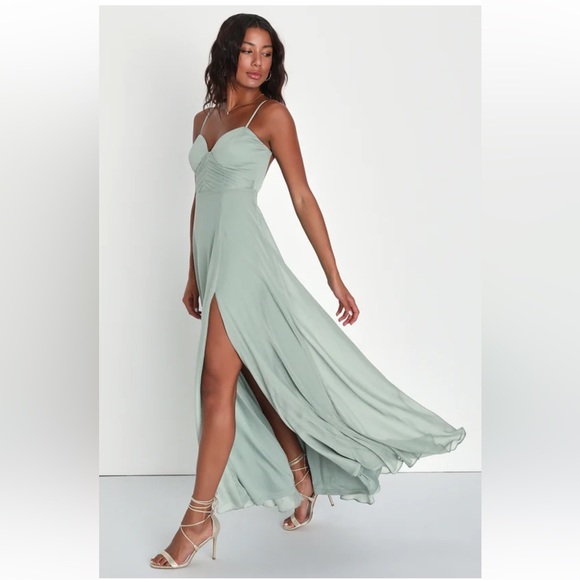 Dreamy Destiny Sage Green Pleated Backless Maxi Dress - Picture 4 of 5